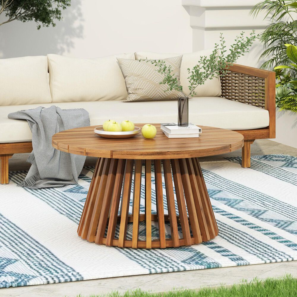 Hearth and Haven Outdoor Round Coffee Table with Slatted Base in Teak, , large