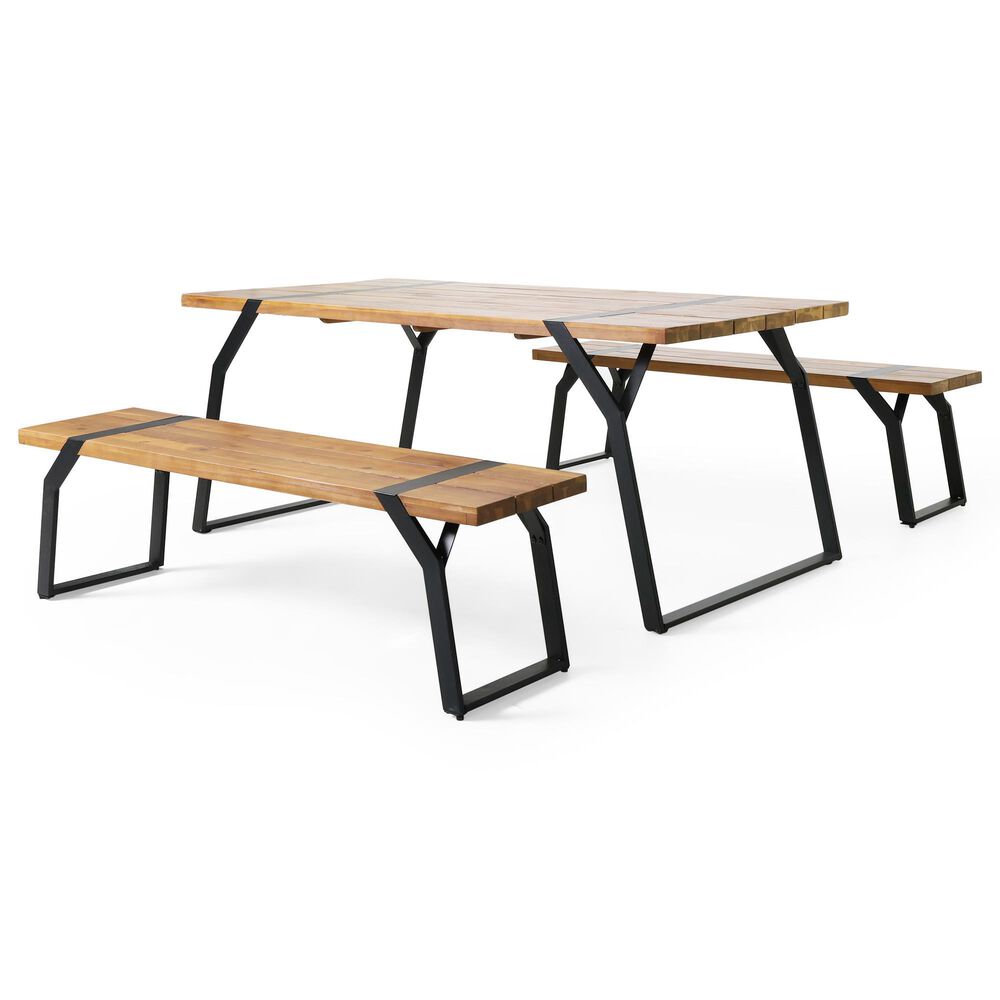 Noble House Varva 3-Piece Patio Picnic Dining Set in Teak Brown and Black, , large