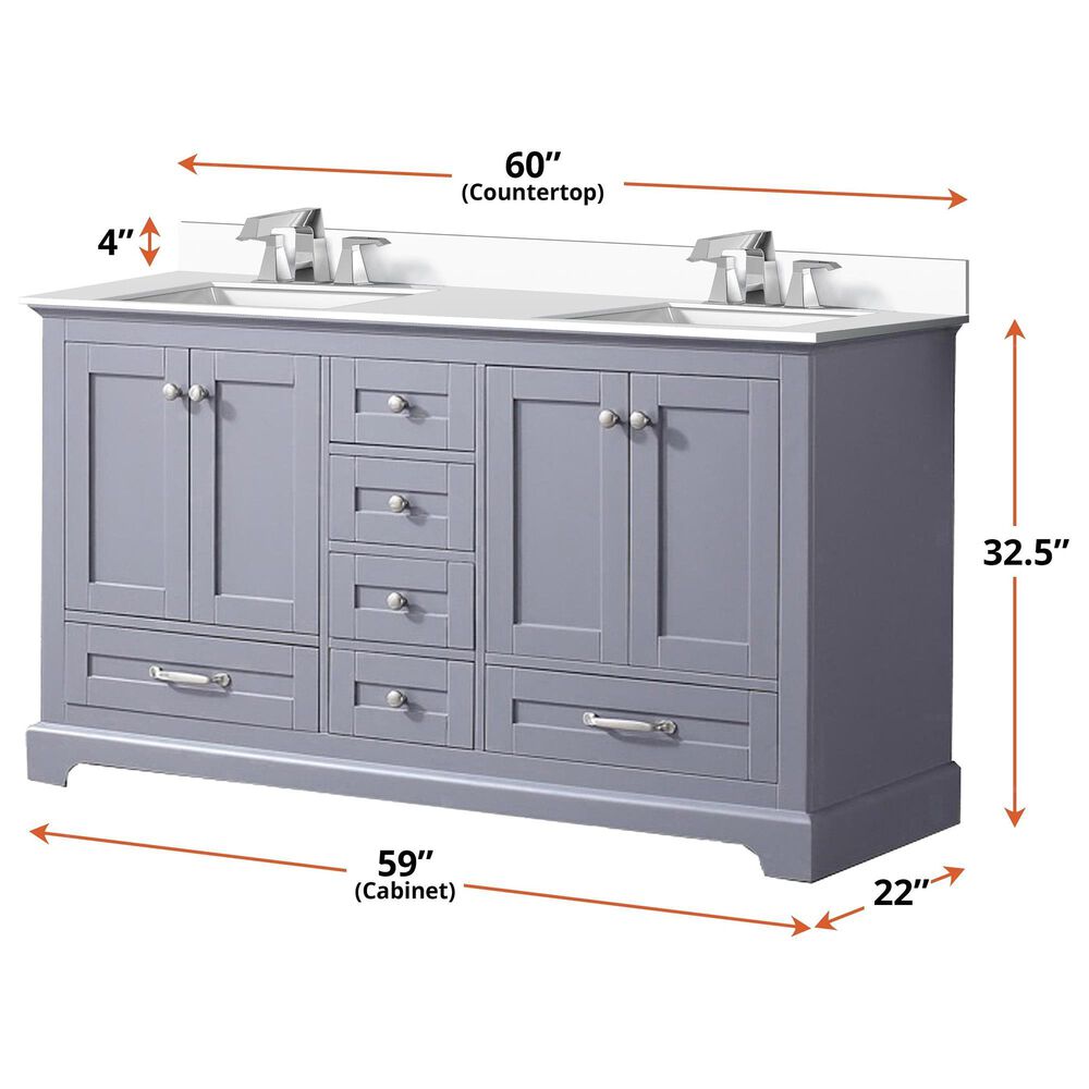 Lexora Home Dukes 60" Double Bathroom Vanity in Dark Grey with White Quartz Top and Rectangular Sinks, , large