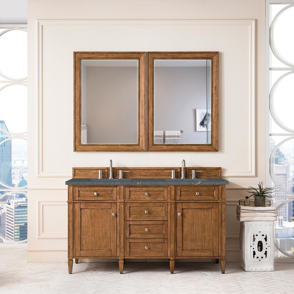James Martin Vanities Brittany 60&quot; Double Bathroom Vanity in Saddle Brown with 3 cm Parisien Bleu Quartz Top and Rectangular Sinks, , large