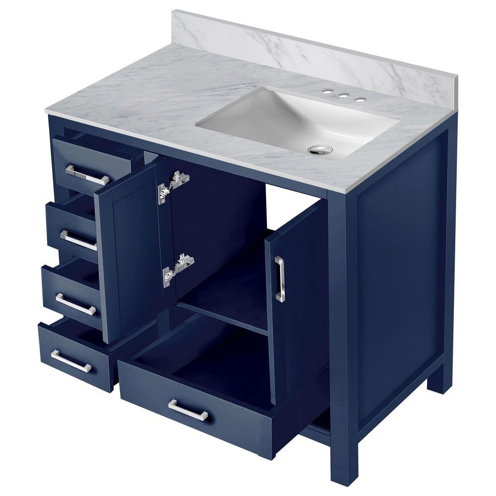 Lexora Home Jacques 36&quot; Right Offset Single Bathroom Vanity in Navy Blue with 2 cm White Carrara Marble Top and Rectangular Sink, , large