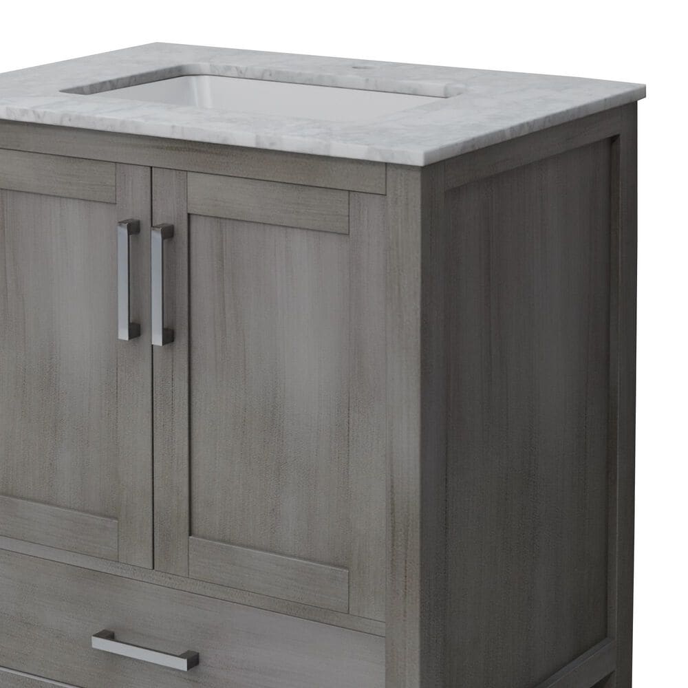 Lexora Home Jacques 30" Single Bathroom Vanity in Distressed Grey with 2 cm White Carrara Marble Top and Rectangular Sink, , large