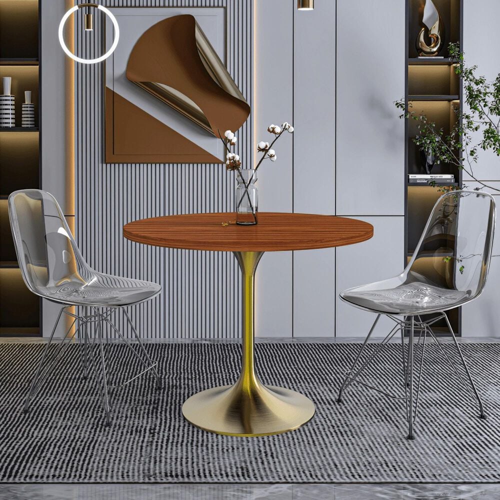 Leisuremod LeisureMod Verve Collection 36 Round Dining Table, Brushed Gold Base with Cognac Brown MDF Top, , large