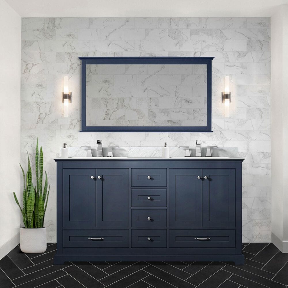 Lexora Home Dukes 60&quot; Double Bathroom Vanity in Navy Blue with 2 cm White Carrara Marble Top and Rectangular Sinks, , large
