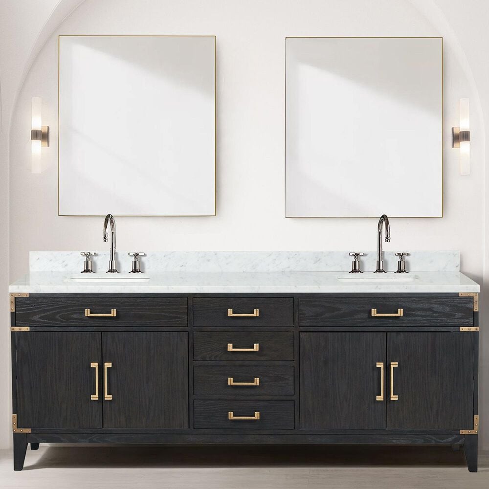 Lexora Home Laurel 84&quot; Double Bathroom Vanity in Black Oak with White Carrara Marble Top and Rectangular Sinks, , large