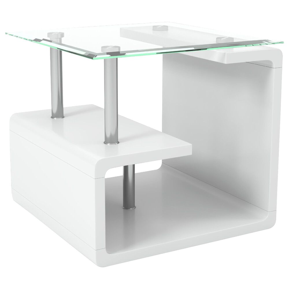 Furniture of America Torkel End Table in Glossy White, Chrome and Clear, , large