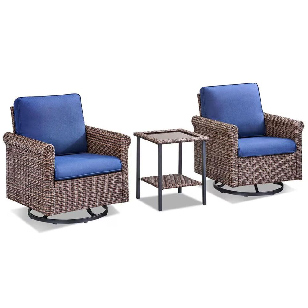 Sunwell Garden Patio Swivel Glider Chair with Brown Frame and Rolled Armrests in Navy (Set of 2), , large