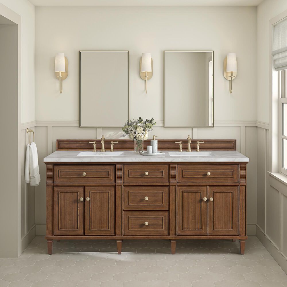 James Martin Vanities Lorelai 72" Double Bathroom Vanity in Mid-Century Walnut with 3 cm Eternal Jasmine Pearl Silestone Top, Rectangular Sinks and FreePower Wireless Charger, , large