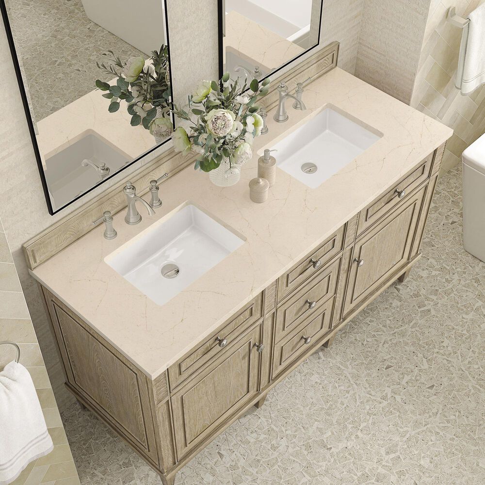 James Martin Vanities Lorelai 60&quot; Double Vanity in Whitewashed Oak with 3 cm Eternal Marfil Quartz Top, , large