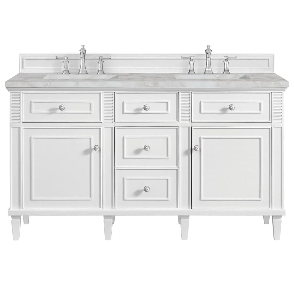 James Martin Vanities Lorelai 60" Double Bathroom Vanity in Bright White with 3 cm Ethereal Noctis Silestone Top, Rectangular Sinks and FreePower Wireless Charger, , large