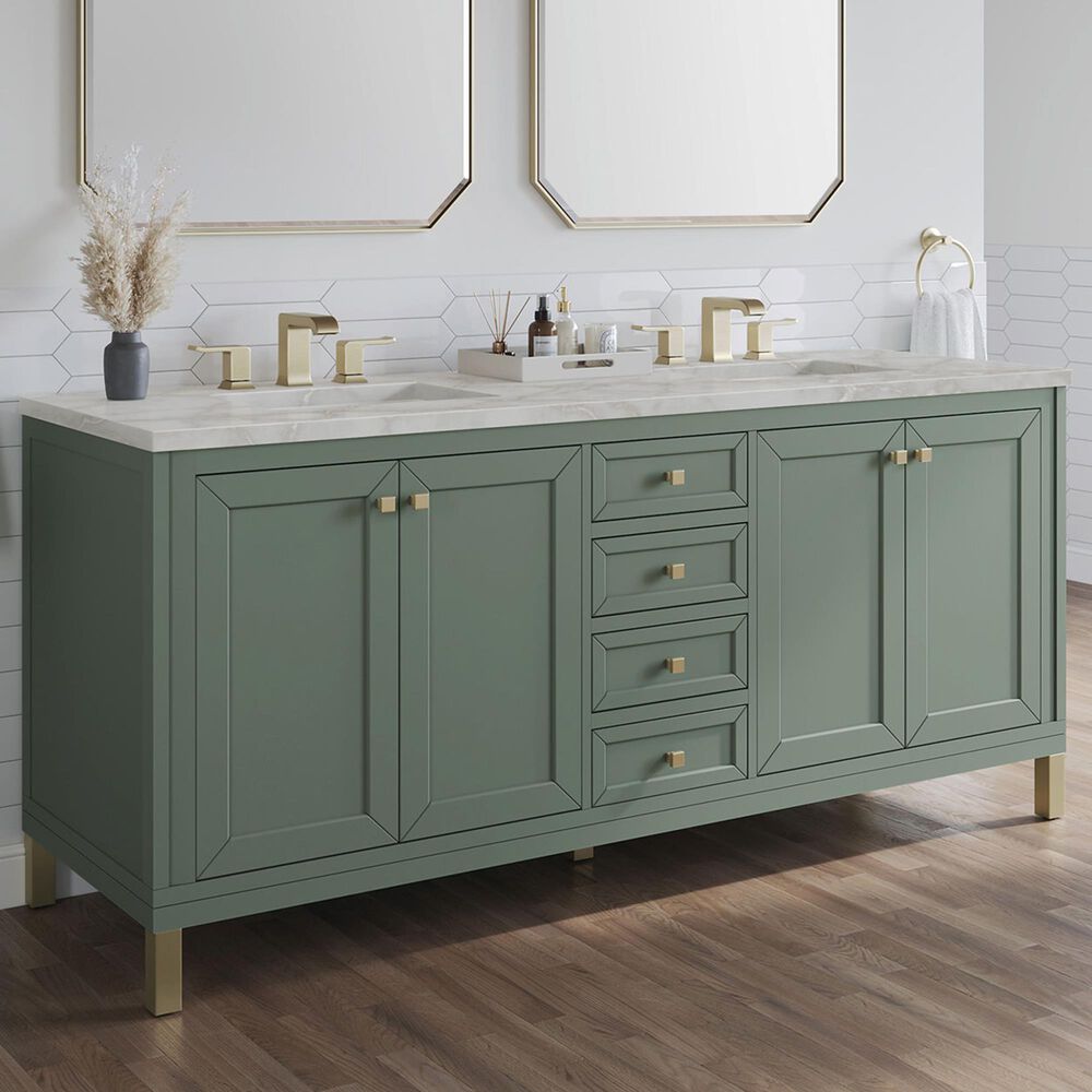 James Martin Vanities Chicago 72" Double Bathroom Vanity in Smokey Celadon with 3 cm Victorian Silver Quartz Top, Rectangular Sinks and FreePower Wireless Charger, , large