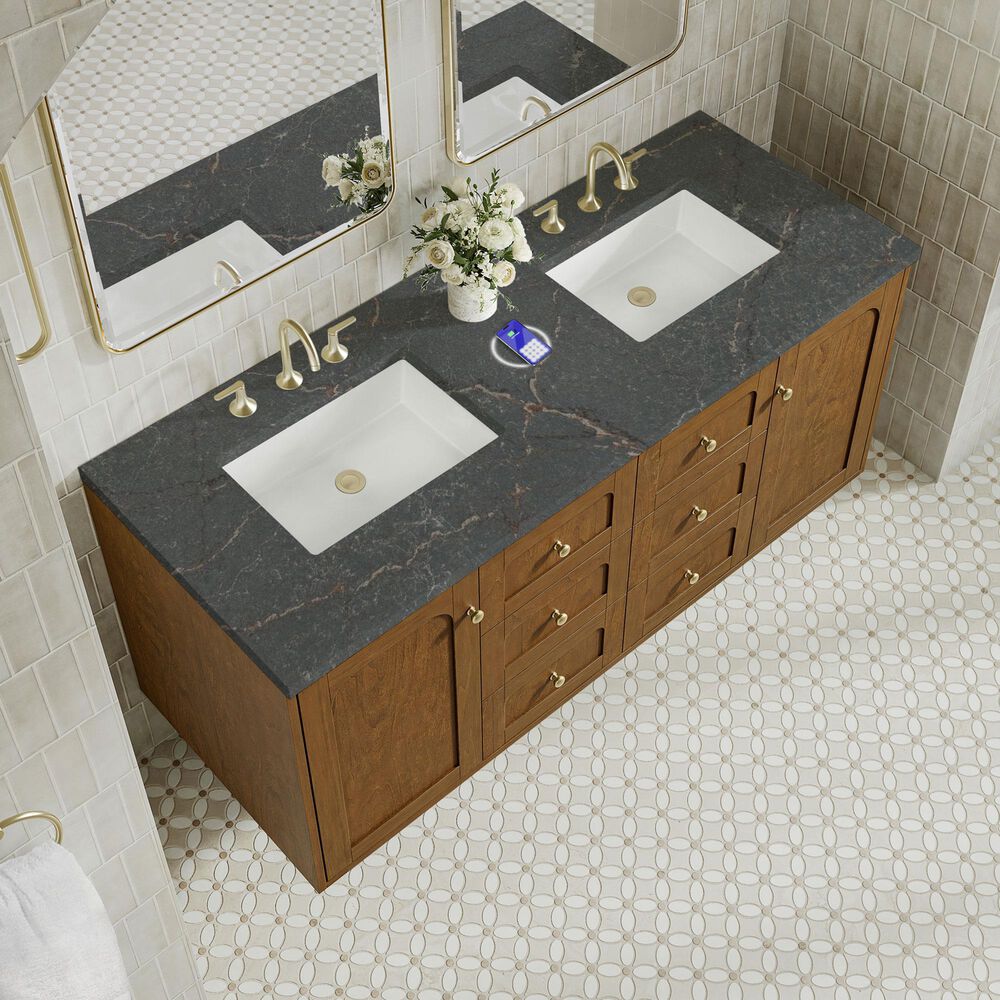 James Martin Laurent 60" Double Bathroom Vanity in Honey Oak with 3 cm Parisien Bleu Silestone Top, Rectangular Sinks and FreePower Wireless Charger, , large