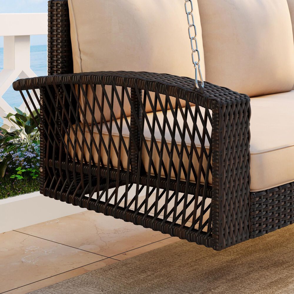 Hearth and Haven Go Outdoor 3-Seater PE Rattan Wicker Porch Swing Bench in Beige, , large