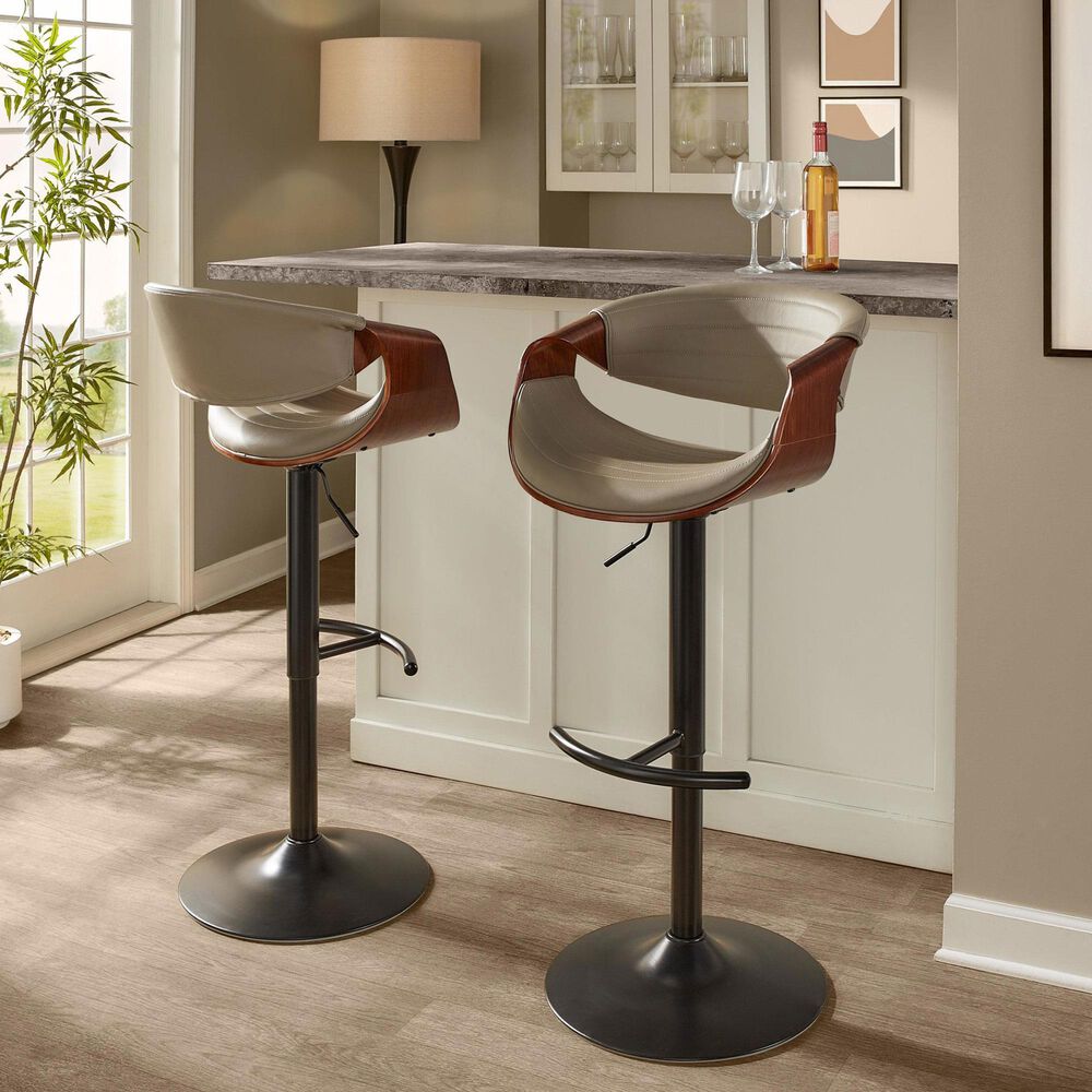 LumiSource Symphony Swivel Adjustable Bar Stool with Grey Upholstery in Walnut and Black (Set of 2), , large