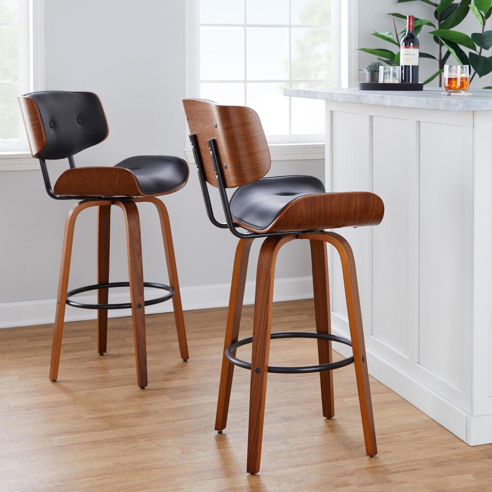 LumiSource Lombardi 30" Swivel Barstool with Black Faux Leather Upholstery in Walnut and Black (Set of 2), , large