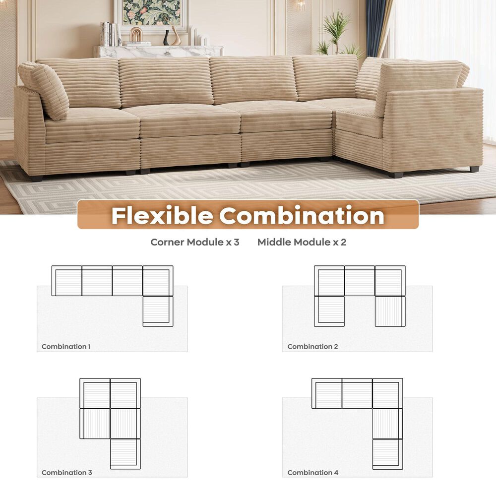HOMLUX 5-Piece Mod Sectional with Chaise in Beige, , large