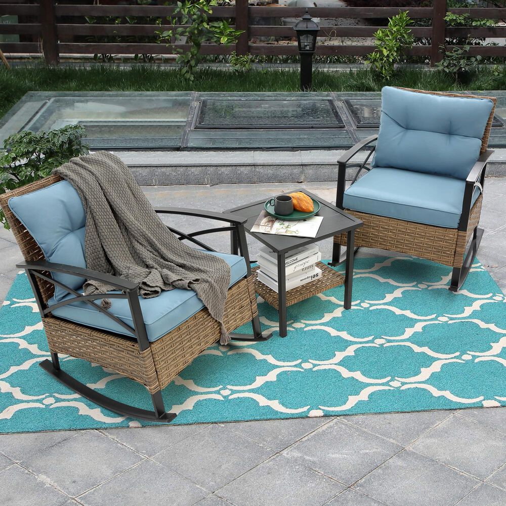 Hearth and Haven 3-Piece Outdoor Rocking Chair Set with Side Table in Blue, , large