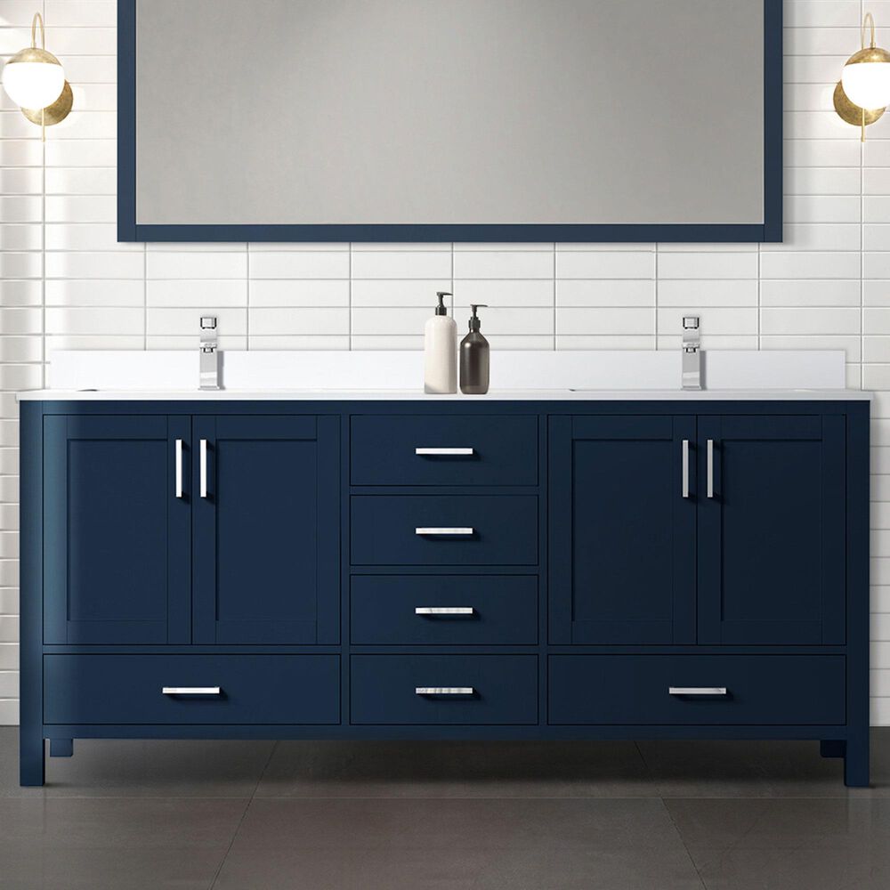 Lexora Home Jacques 72&quot; Double Bathroom Vanity in Navy Blue with 2 cm White Cultured Marble Top and Rectangular Sinks, , large