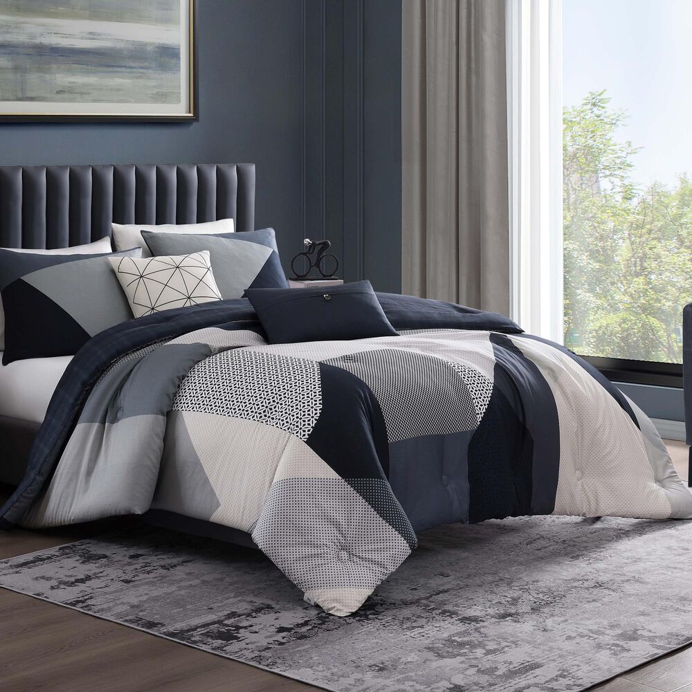 BEBEJAN Geo Fusion 5-Piece Queen Comforter Set in Navy, Grey and Ivory, , large