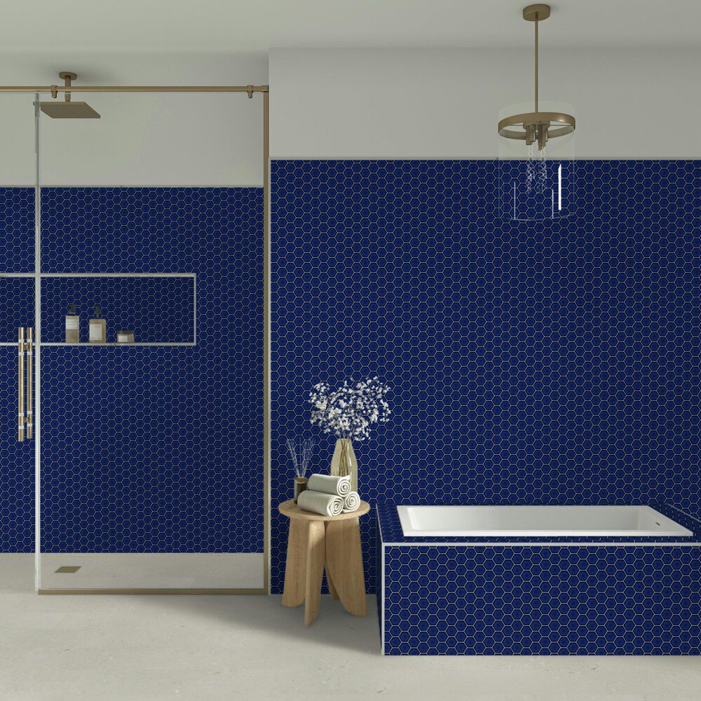 Dal-Tile Artefino Jewel Sapphire 2.5" Framed Hexagon on 12" x 14" Porcelain Mosaic Sheet, , large