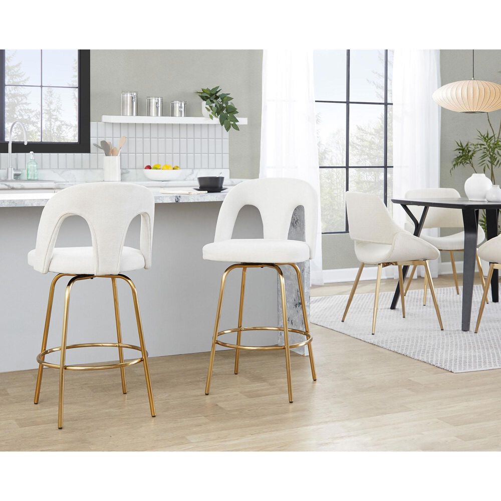 LumiSource Ava Swivel Counter Stool with Snow White Fabric Upholstery in Gold (Set of 2), , large