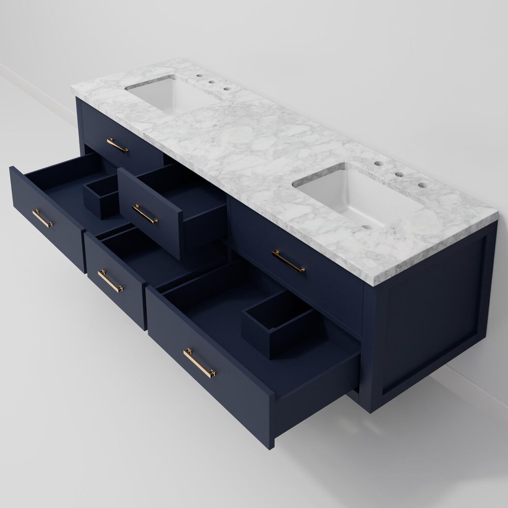 Lexora Home Castor 72" Double Bathroom Vanity in Blue with 2 cm White Carrara Marble Top and Rectangular Sinks, , large