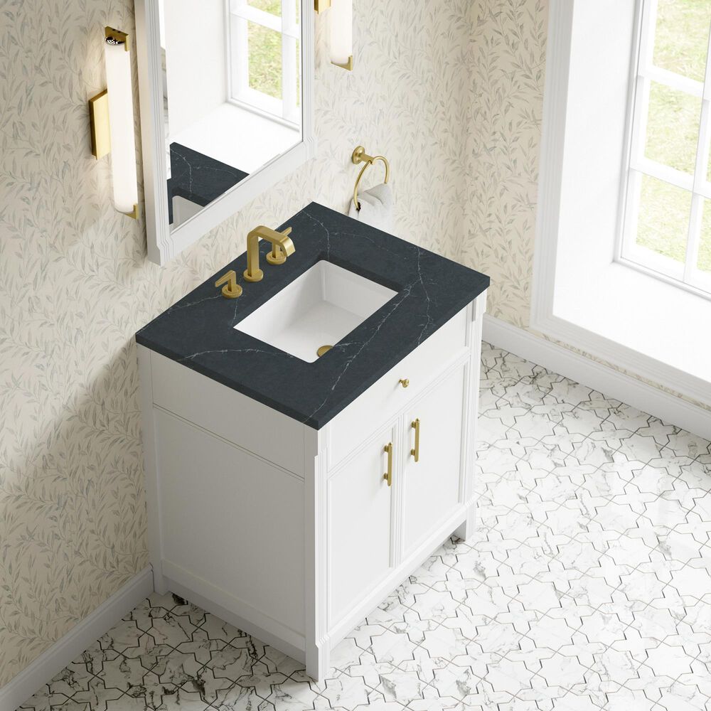 James Martin Bellshire 30" Single Bathroom Vanity in Bright White with 3 cm Charcoal Soapstone Silestone Top and Rectangular Sink, , large
