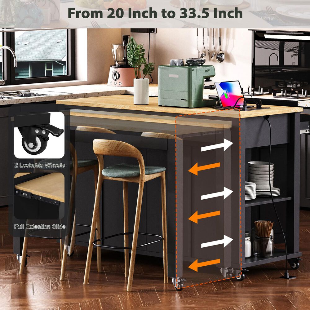 HOMLUX 47" Kitchen Island with Extendable Dining Table in Black, , large