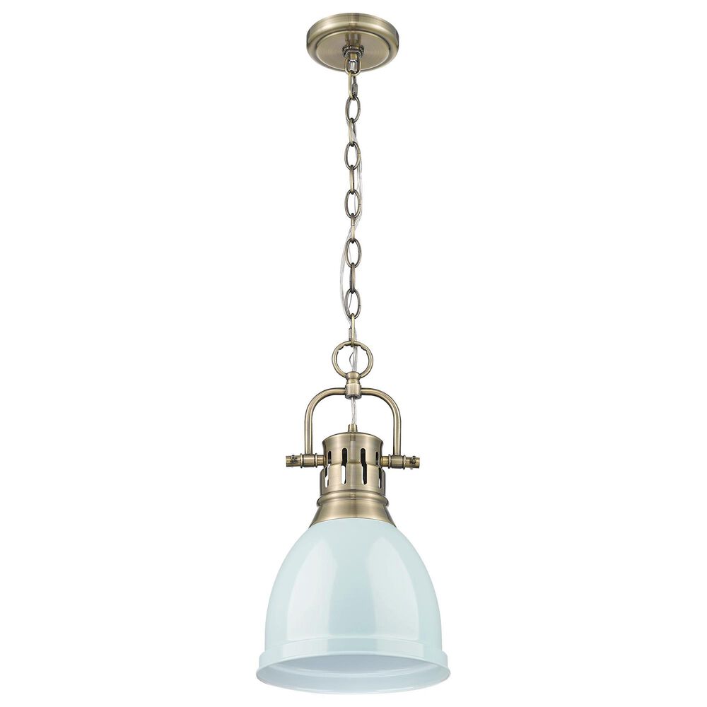 Golden Lighting Duncan 1-Light Small Pendant with Chain and Seafoam Shade in Aged Brass, , large