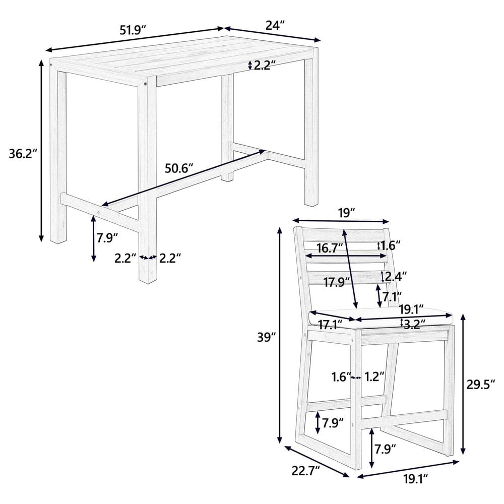 HOMLUX 5-Piece Patio Bar Set with 52" Rectangular Light Teak Table in Beige, , large