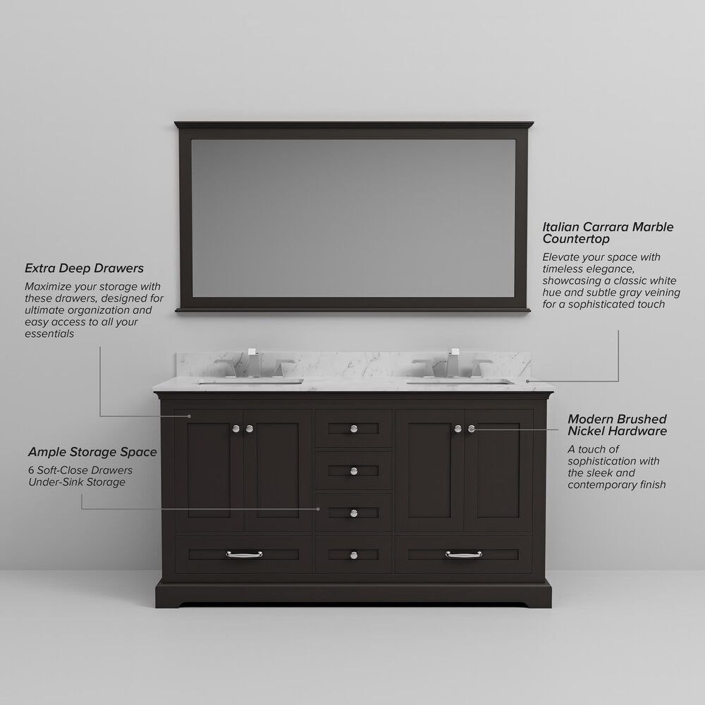 Lexora Home Dukes 60" Double Bathroom Vanity in Espresso with 2 cm White Carrara Marble Top and Rectangular Sinks, , large