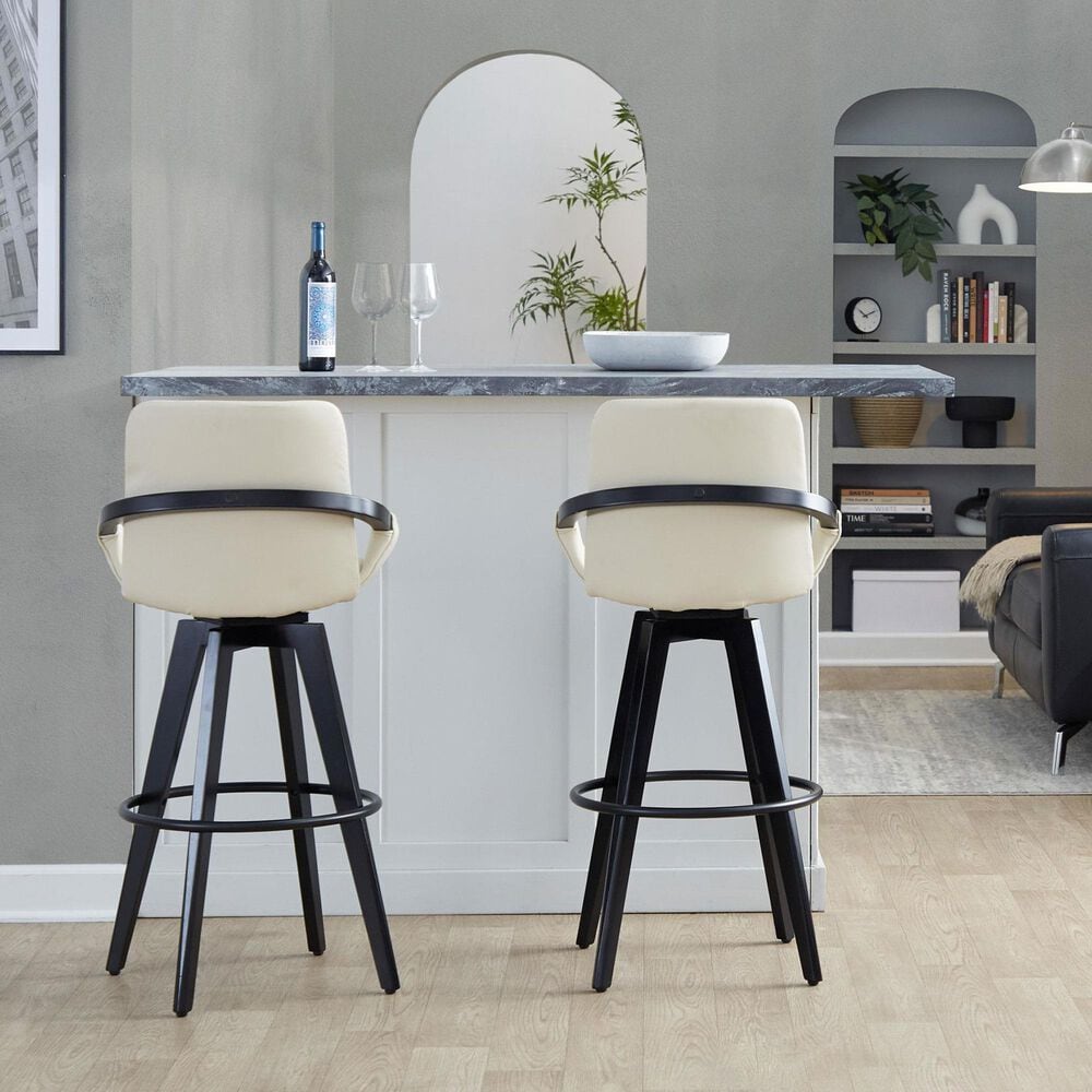 LumiSource Cosmo 30" Swivel Barstool with Cream Upholstery in Black (Set of 2), , large