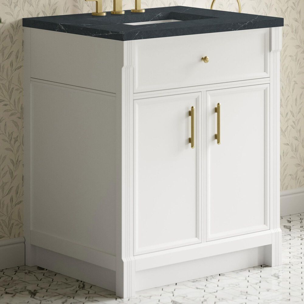 James Martin Bellshire 30" Single Bathroom Vanity in Bright White with 3 cm Charcoal Soapstone Silestone Top and Rectangular Sink, , large