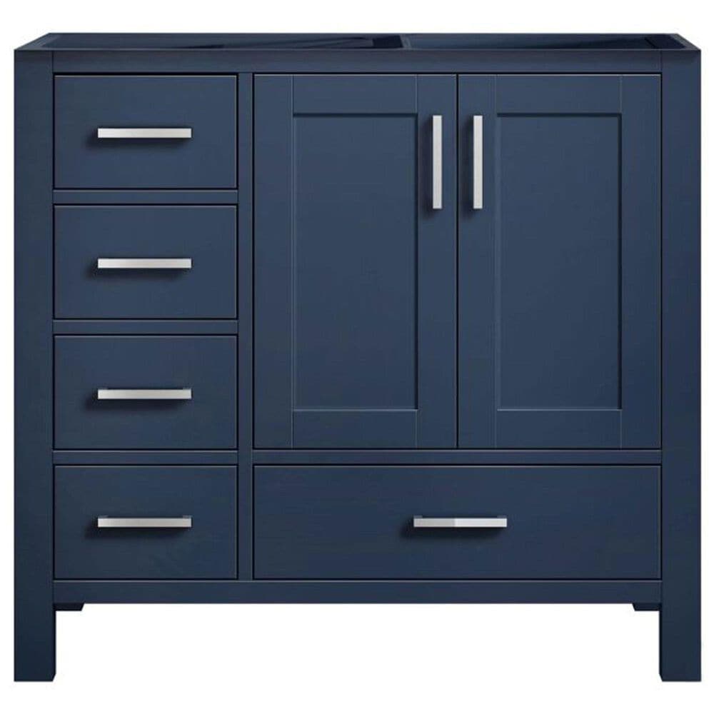 Lexora Home Jacques 36&quot; Right Offset Single Bathroom Vanity in Navy Blue with 2 cm White Cultured Marble Top and Rectangular Sink, , large