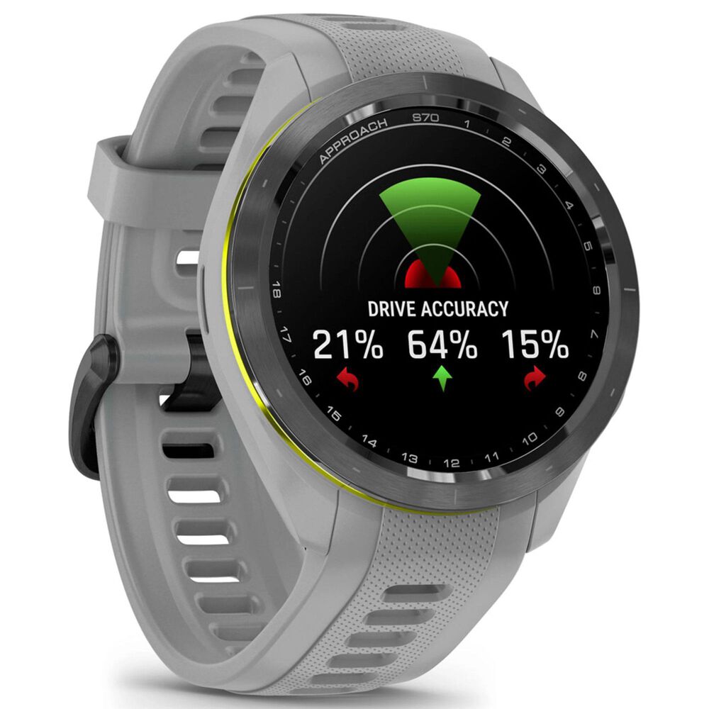Garmin Approach S70 Smartwatch 41mm Black and Amp Yellow Ceramic Bezel Case with Powder Gray Silicone Band, , large
