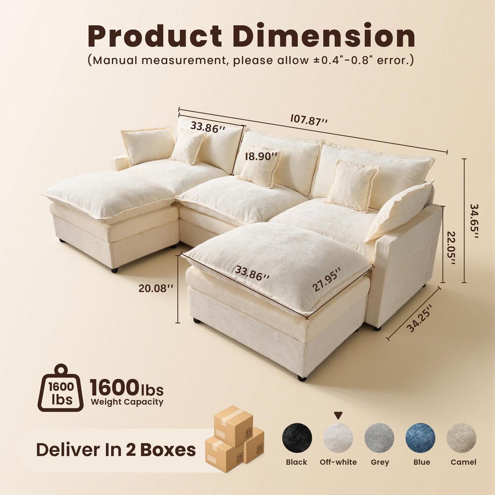 HOMLUX 107.87" Ultra-Comfort Chenille Sectional Sofa Set in White, , large