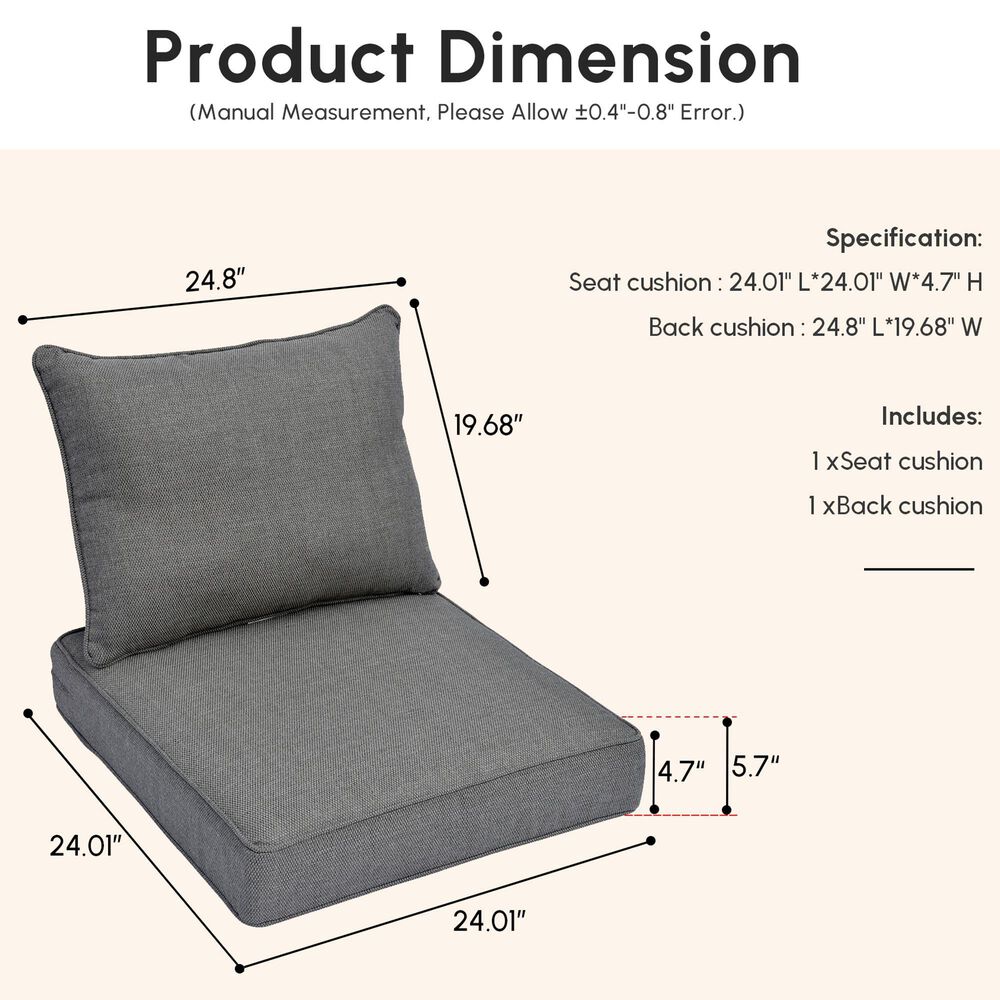 HOMLUX 24" x 24" Outdoor Seat Cushion and Back Cushion Set in Dark Gray, , large