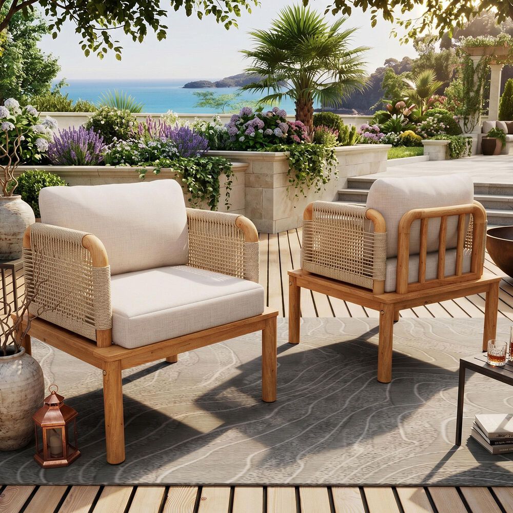 Hearth and Haven Outdoor Club Chairs with Teak Frame in Beige (Set of 2), , large