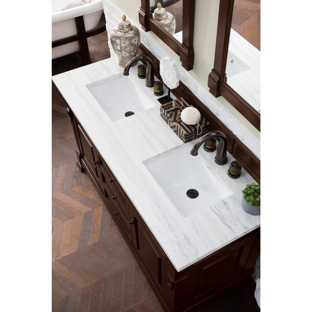 James Martin Vanities Brookfield 60&quot; Double Bathroom Vanity in Burnished Mahogany with 3 cm Arctic Fall Solid Surface Top and Rectangle Sink, , large