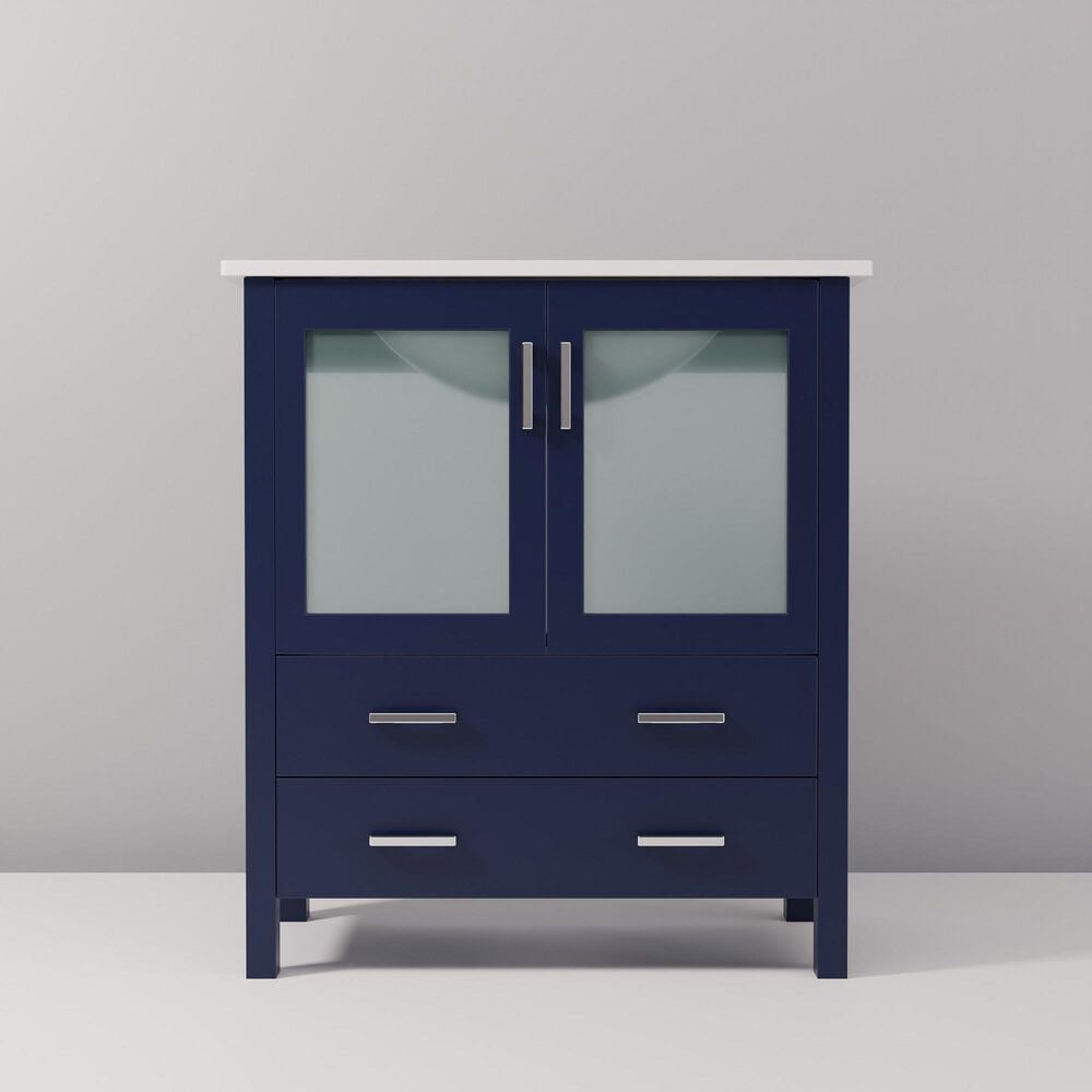 Lexora Home Volez 30&quot; Single Bathroom Vanity in Navy Blue with 2 cm White Ceramic Top and Rectangular Sink, , large