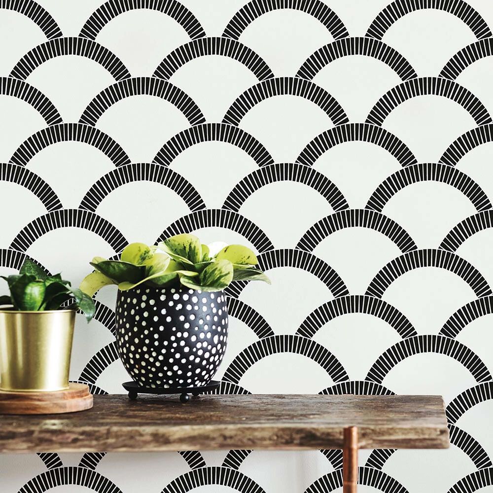 Tempaper 28 sq. ft. Mosaic Scallop Black &amp; Cream Peel and Stick Wallpaper, , large