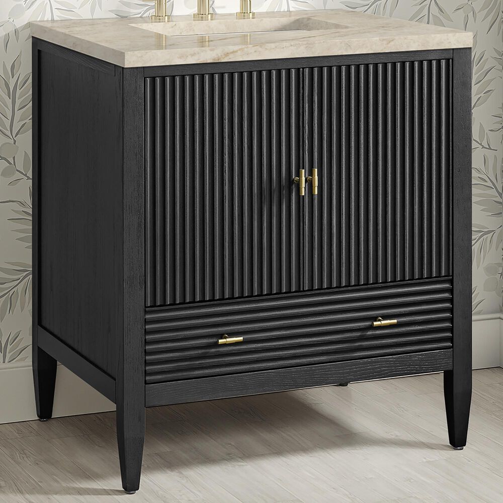 James Martin Myrrin 30" Single Bathroom Vanity in Carbon Oak with 3 cm Tajnar Eclos Top and Rectangular Sink, , large