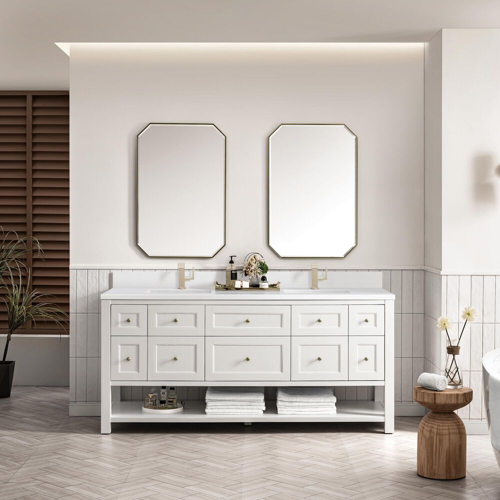 James Martin Vanities Breckenridge 72&quot; Double Bathroom Vanity in Bright White with Single Hole 3 cm White Zeus Quartz Top and Rectangular Sinks, , large