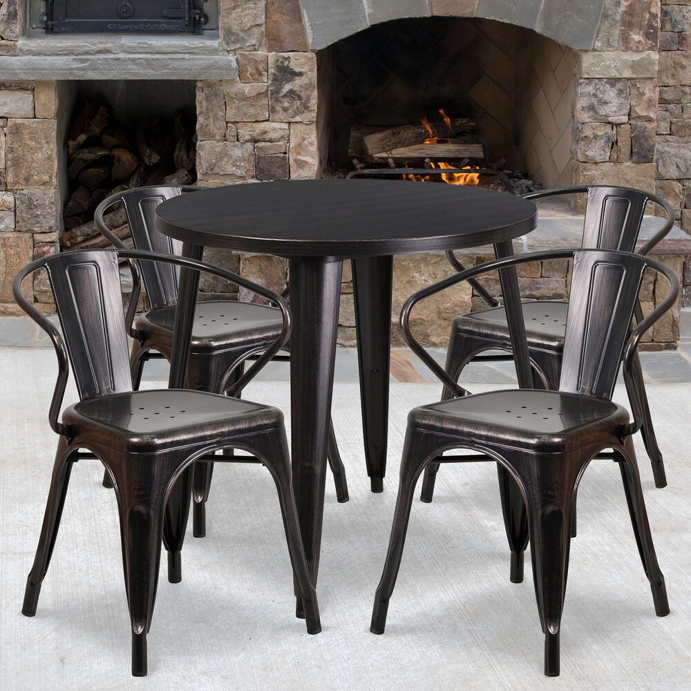 Flash Furniture 5-Piece Metal Table Set with Arm Chairs in Antique Gold, , large