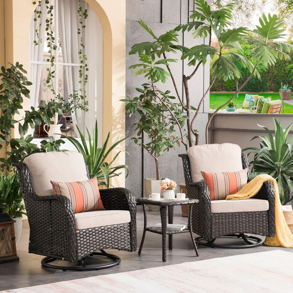 HOMLUX 3-Piece Patio Conversation Set with Curved-Arm Swivel Rocking Chairs and Brown Wicker in Beige, , large