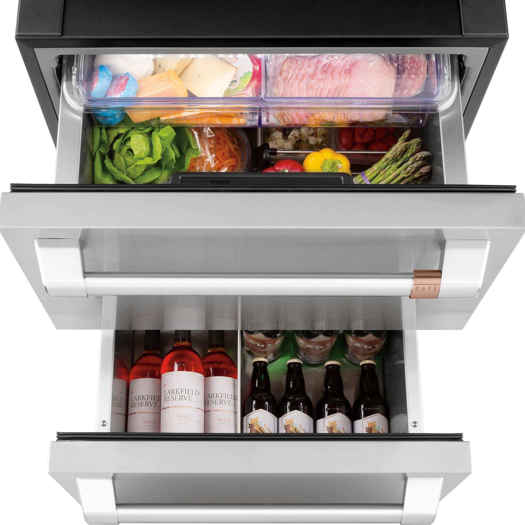 Cafe 5.7 Cu. Ft. Built In Dual Drawer Refrigerator in Stainless Steel and Brushed Stainless Handles NFM