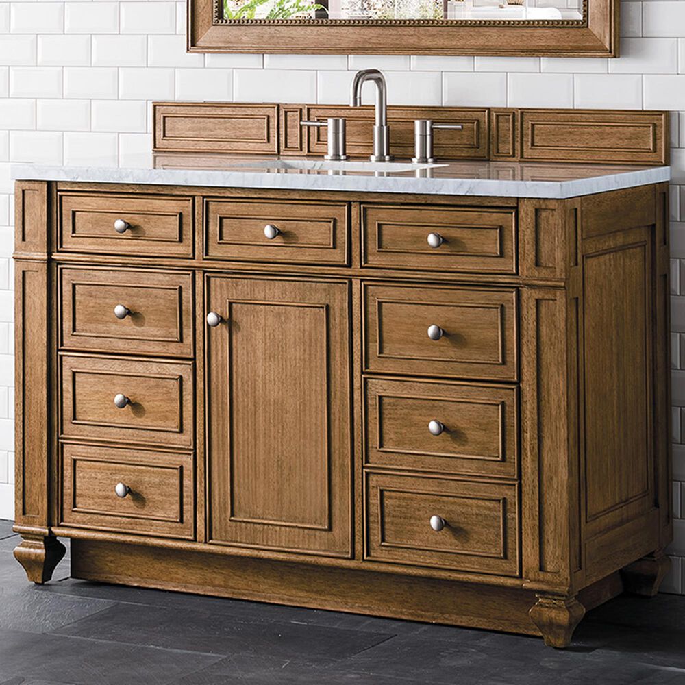 James Martin Vanities Bristol 48&quot; Single Bathroom Vanity in Saddle Brown with 3 cm Carrara White Marble Top and Rectangular Sink, , large