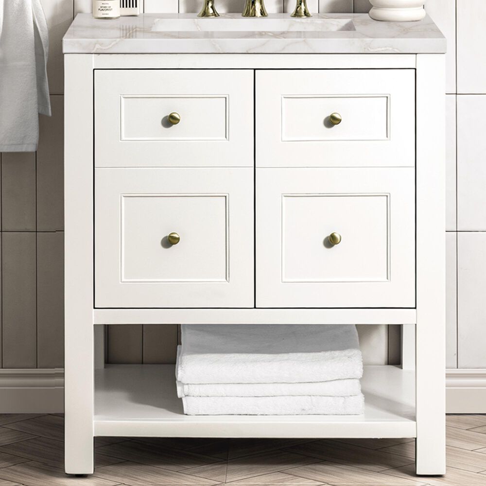 James Martin Vanities Breckenridge 30&quot; Single Bathroom Vanity in Bright White with 3 cm Victorian Silver Quartz Top and Rectangular Sink, , large