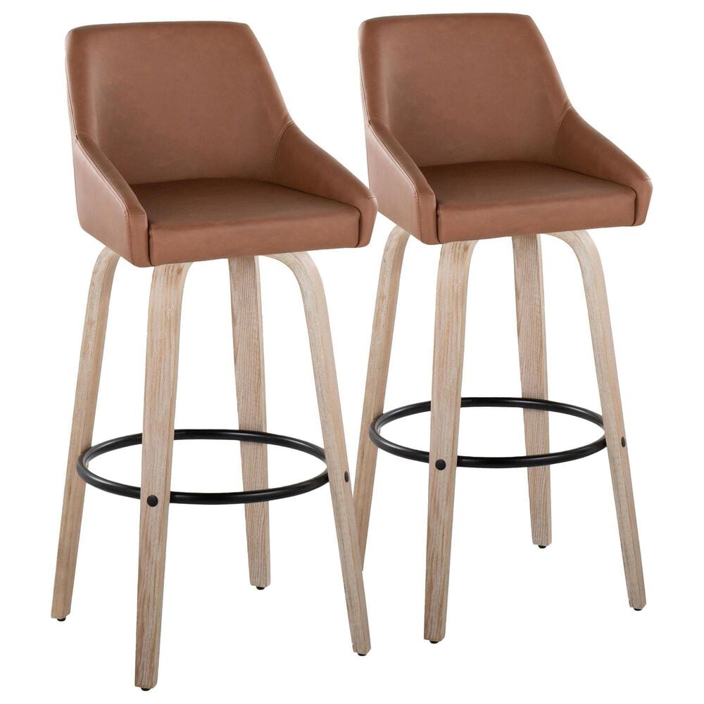 LumiSource Hannah Swivel Bar Stool with Camel Faux Leather Upholstery in Whitewashed and Black (Set of 2), , large