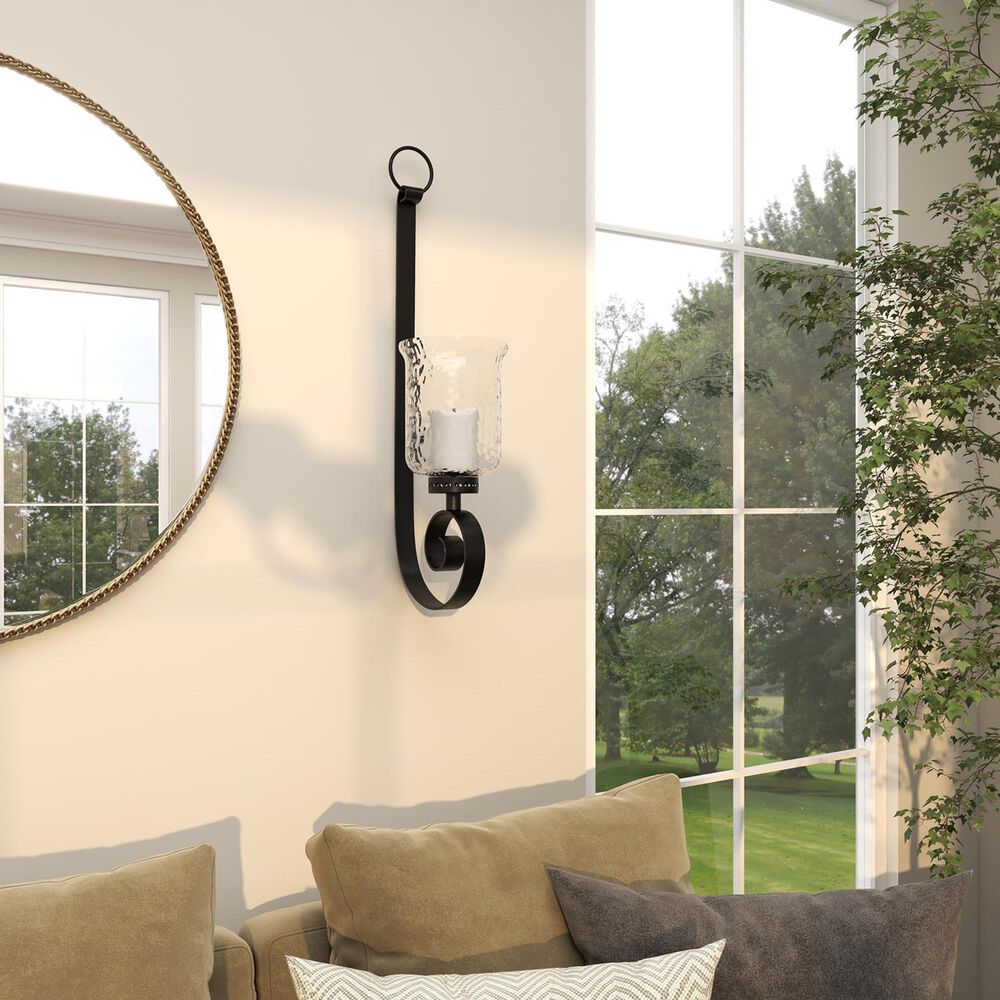 Maple and Jade 27&quot; Handmade Pillar Scroll Indoor/Outdoor Wall Sconce in Matte Black and Clear, , large